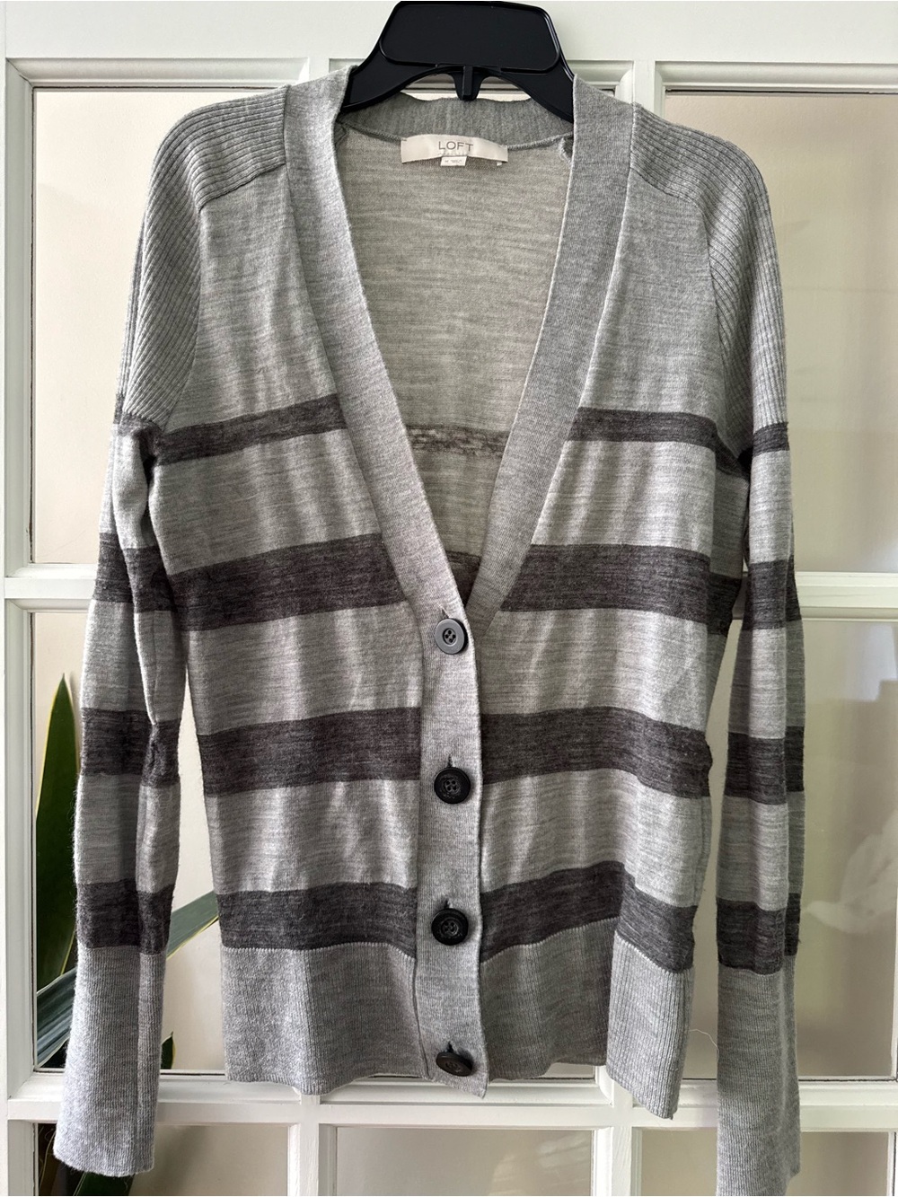 LOFT Gray Striped Button-Front Women’s Cardigan Sweater
